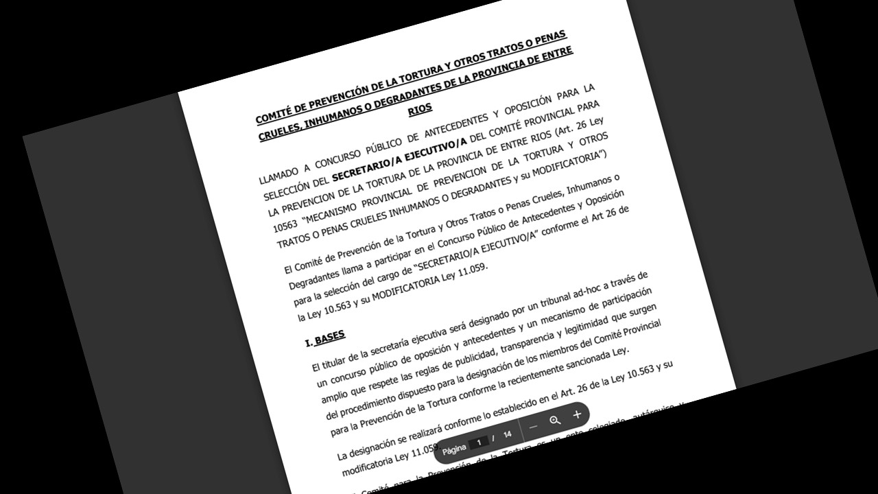  Llaman a concurso público para la selección de Secretario/a Ejecutivo/a del Comité Provincial para la Prevención de la Tortura